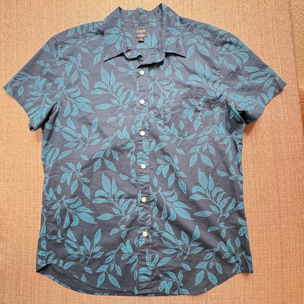 J.Crew Flex Washed Mens Large Navy Blue Teal Dotted Leaf Print Button Down Shirt